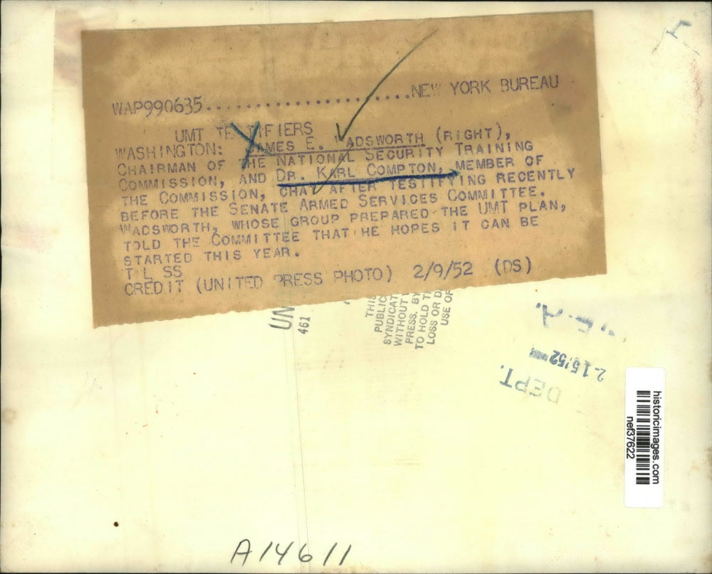 1952 Press Photo James E. Wadsworth, Dr. Karl Compton at Senate hearing
