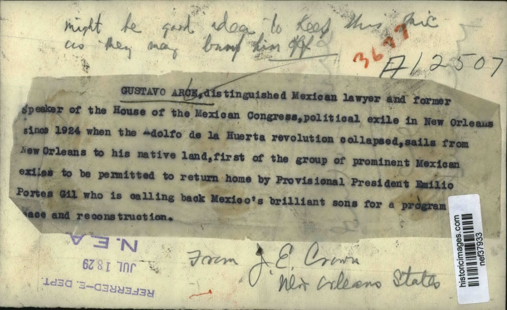 1929 Press Photo Gustavo Arce, Mexican official - nef37933