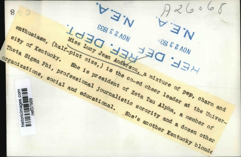 1933 Press Photo Lucy Jean Anderson, University of Kentucky Cheerleader