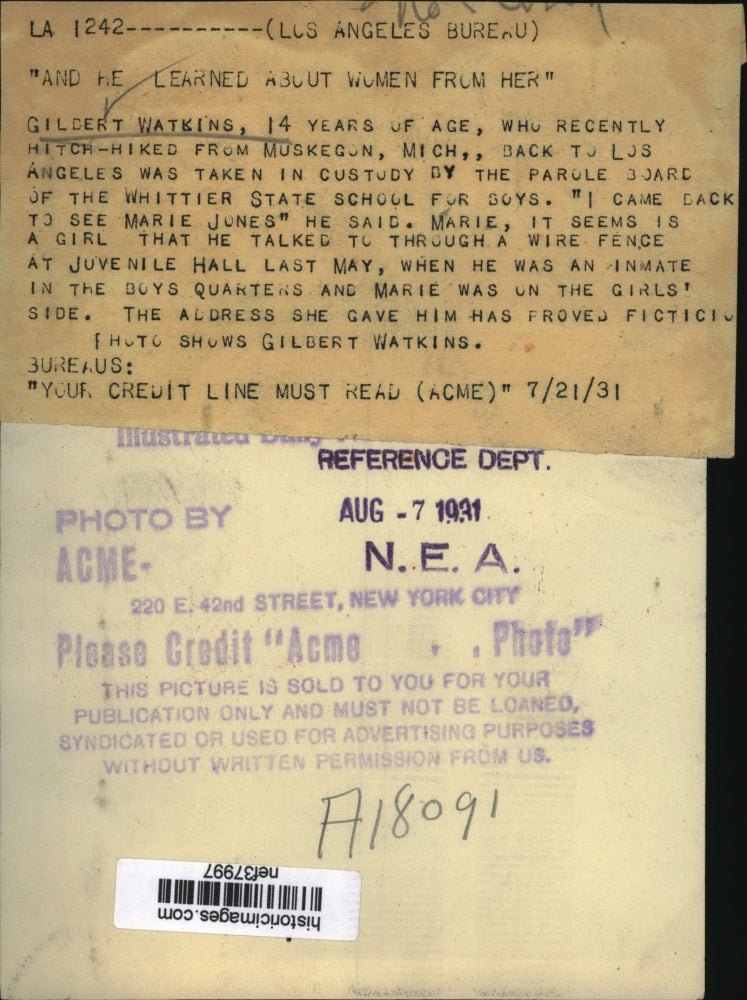 1931 Press Photo gilbert Watkins, Runaway - nef37997