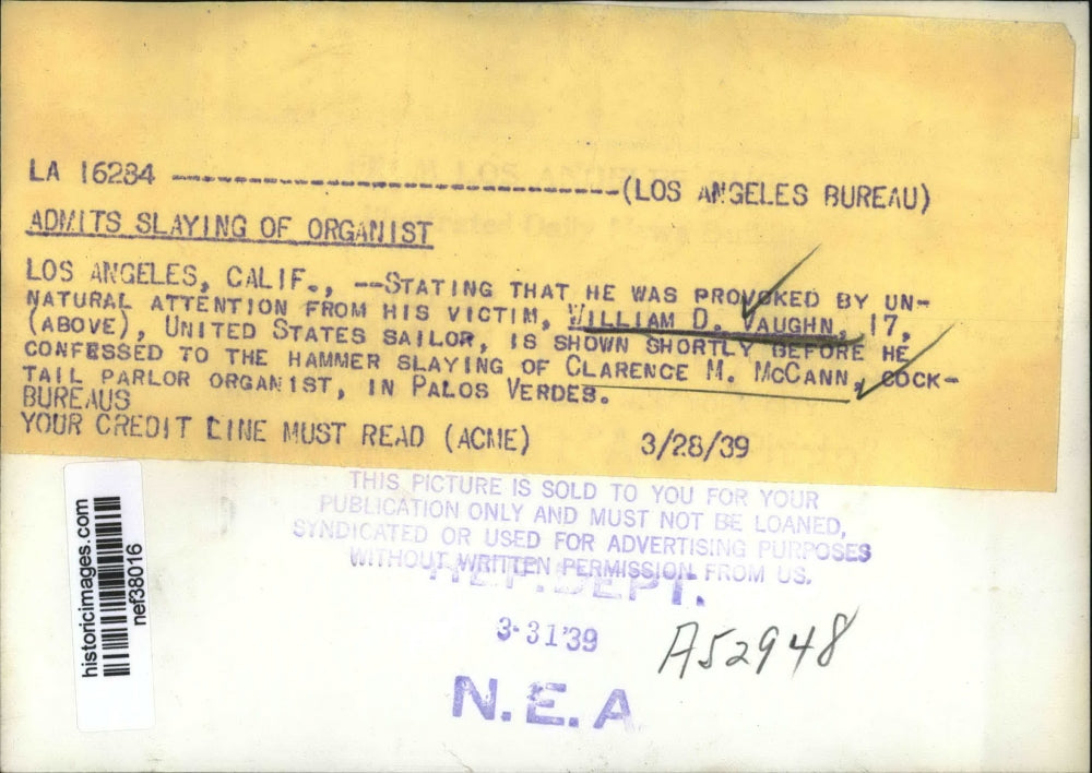 1939 Press Photo William D. Vaughn Before confessing Murder, Los Angeles