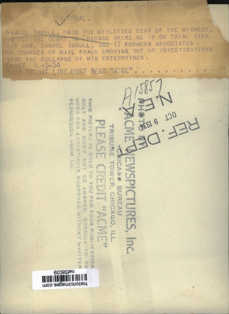 1934 Press Photo Samuel Insull in Federal Court, Chicago - nef38039