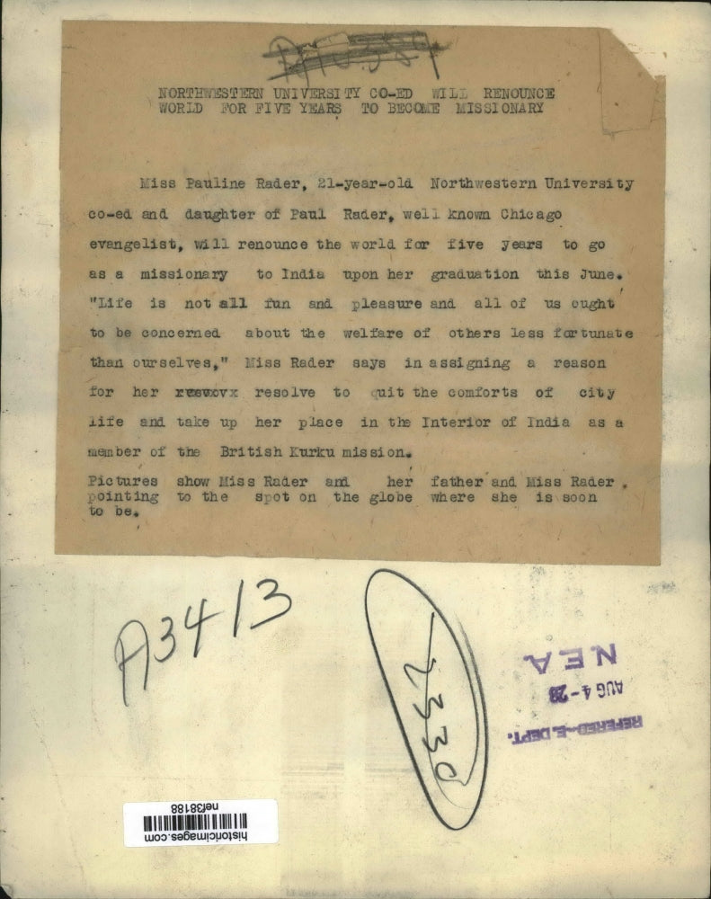 1928 Press Photo Pauline Rader to Renounce World For 5 Years on Missionary