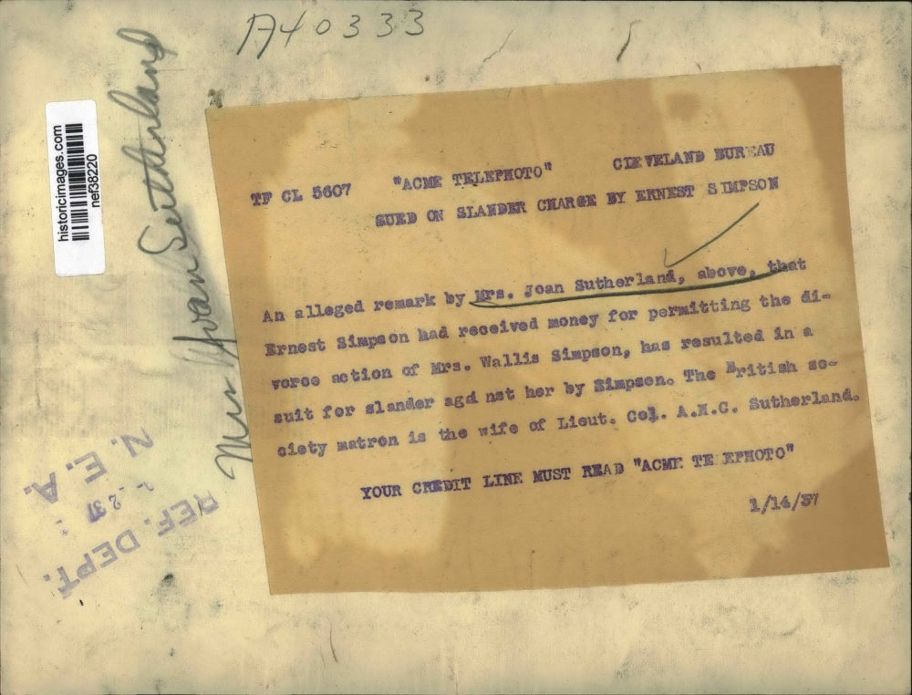 1937 Press Photo Remark by Mrs Joan Sutherland Results in Suit for Slander