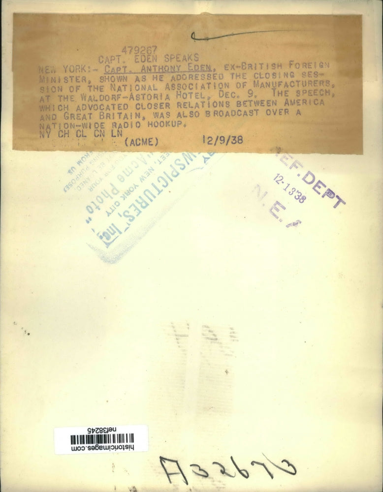 1938 Press Photo Anthony Eden @ National Manufacturers Association Convention