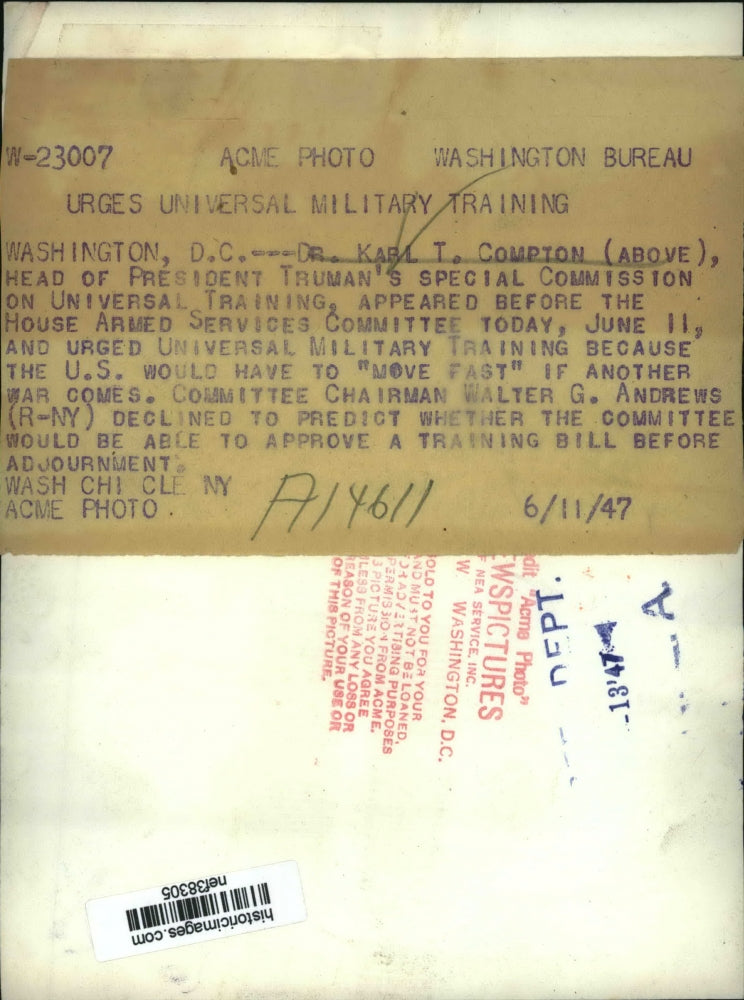 1947 Press Photo Dr Karl T Compton Appears Before House Armed Services Committee