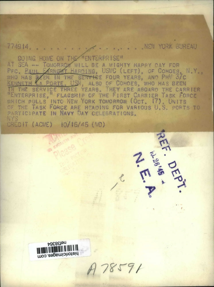 1945 Press Photo Paul Earnest Harding, Kenneth La Porte Aboard "Enterprise"