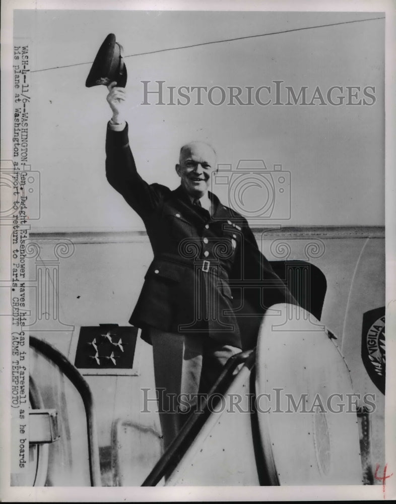 1951 Press Photo Dwight Eisenhower Waves from Plane for Paris Washington Airport- Historic Images