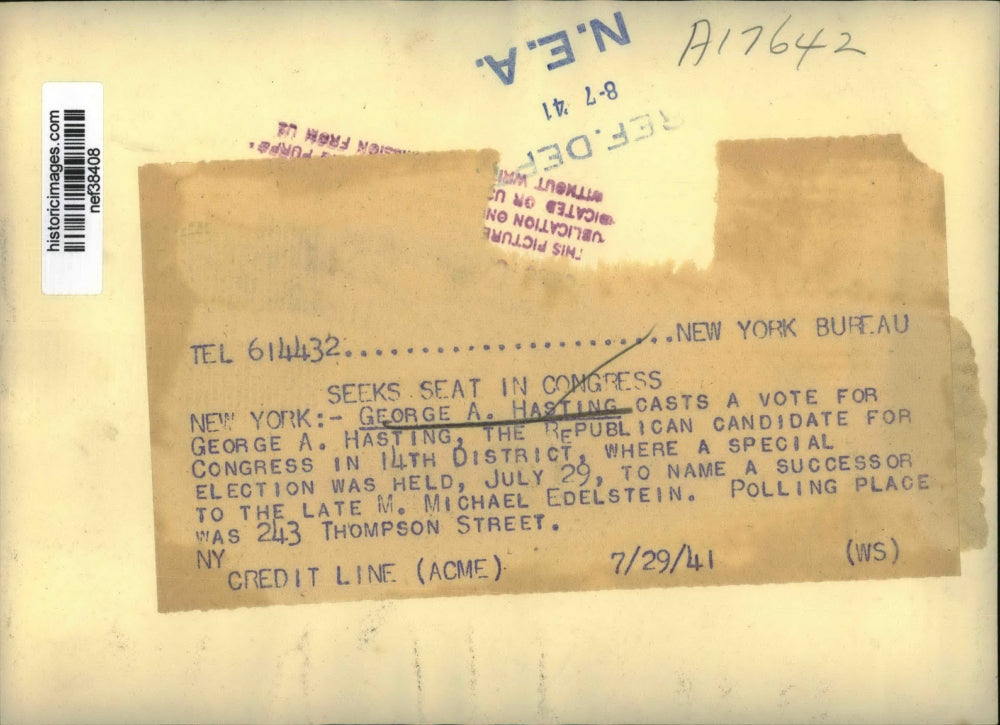 1941 Press Photo George A. Hasting casts a vote for himself for Congress