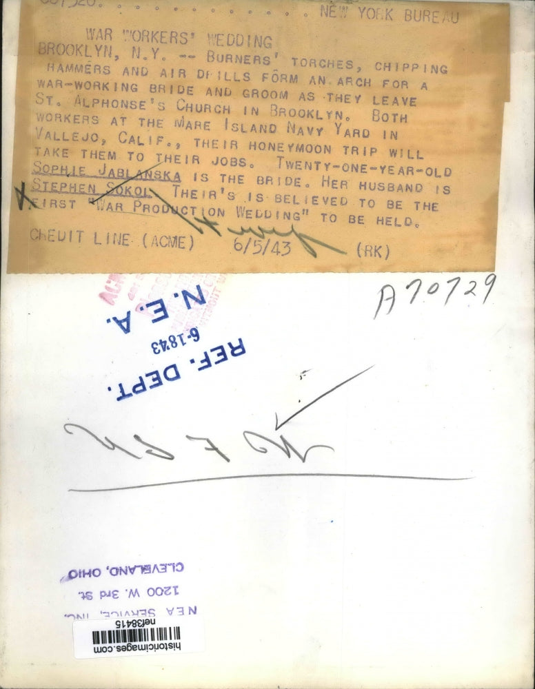 1943 Press Photo Sophie Jablanska, Stephen Sokol Married in Brooklyn, New York