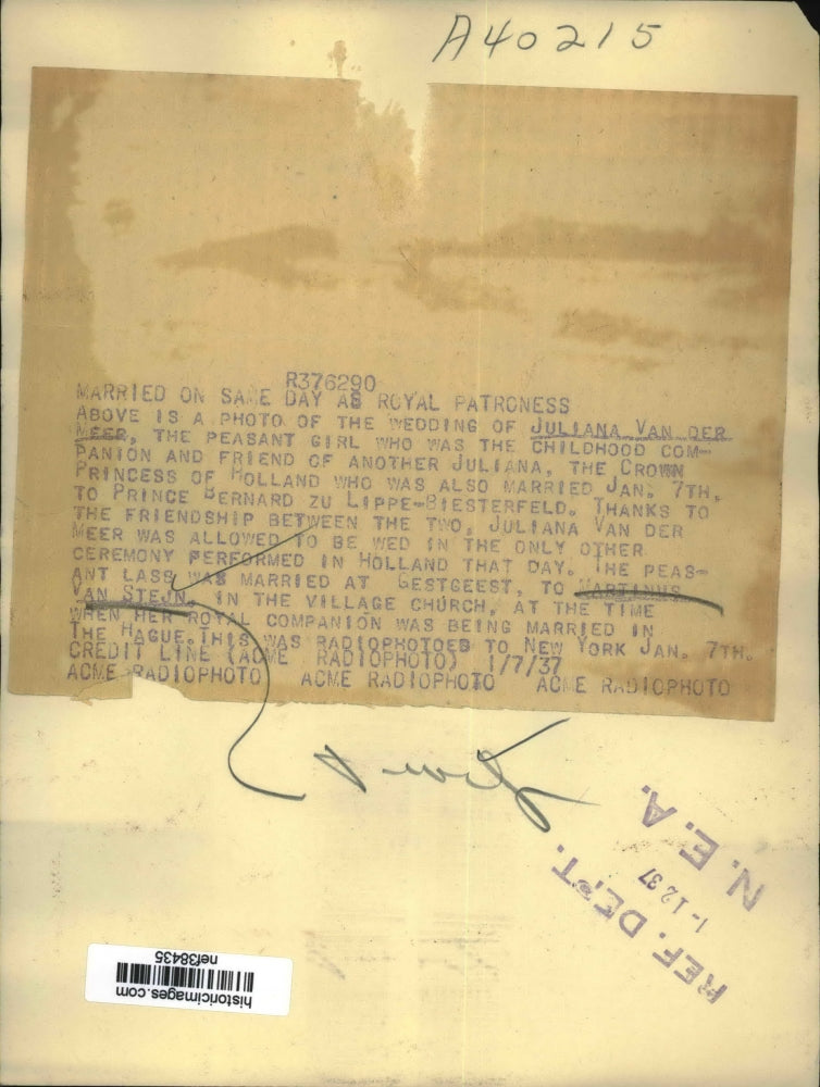 1937 Press Photo Juliana Vandermeer Marries Matinus Van Stejn at Shared Wedding