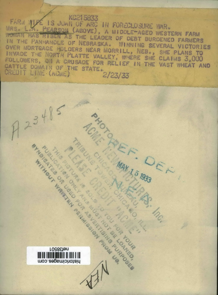 1933 Press Photo Mrs. L.A. Pearson Spearheads Cause of Debt Burdened Farmers