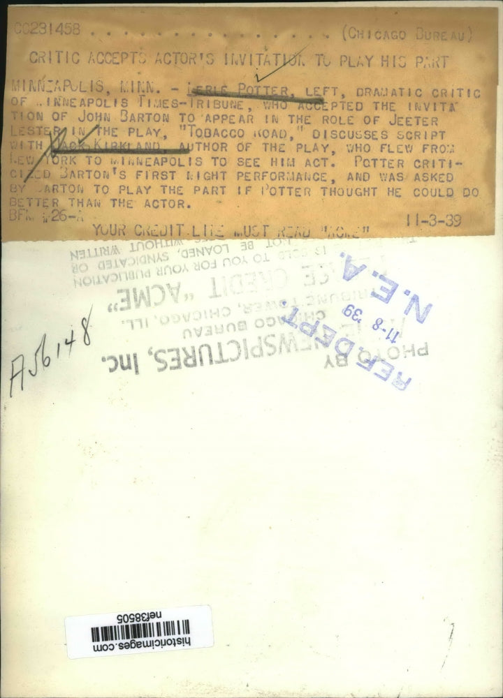 1939 Press Photo Merle Potter, Jack Kirkland of "Tobacco Road" Play, minneapolis