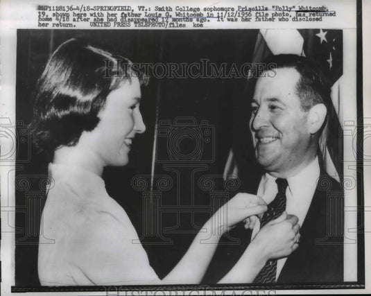 1956 Press Photo Priscilla Whitcomb with Father, Louis, After Returning Home