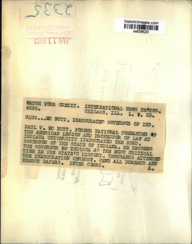 1933 Press Photo Paul McNutt Inaugurated as 33rd Gov of Indiana - nef38620