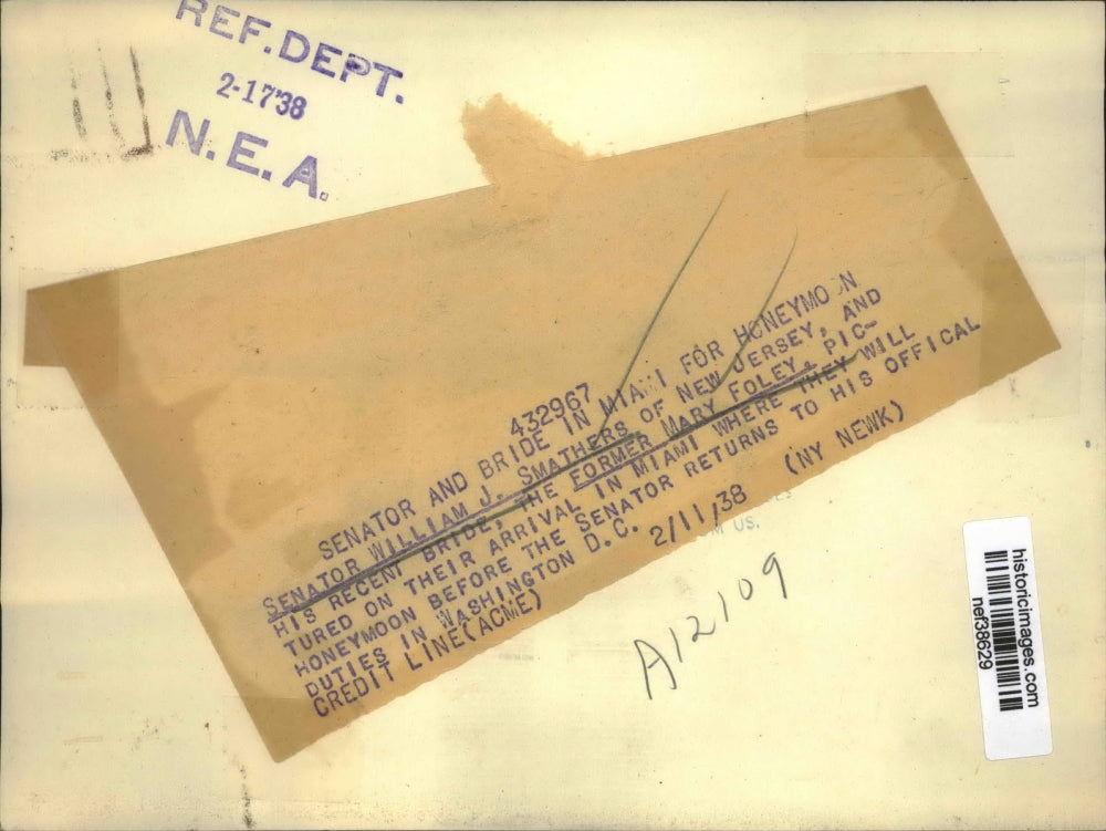 1938 Press Photo Sen William J. Smathers & Wife, Former Mary Foley, on Honeymoon