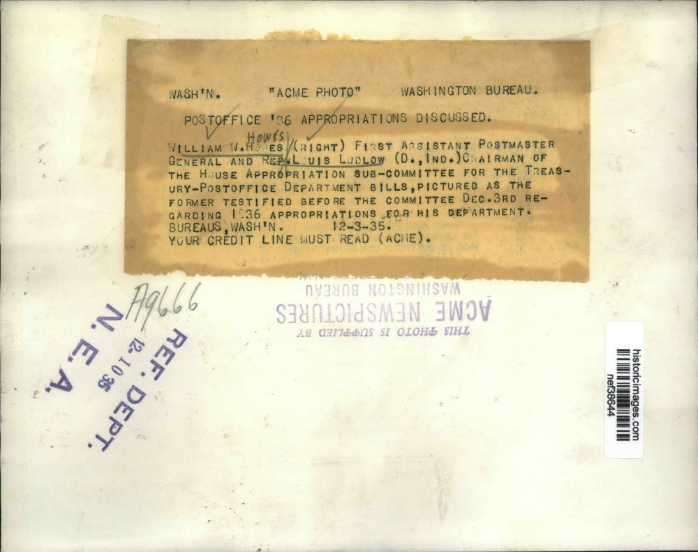 1935 Press Photo William W. Howes & Rep Luis Ludlow as Former Testifies for Dept