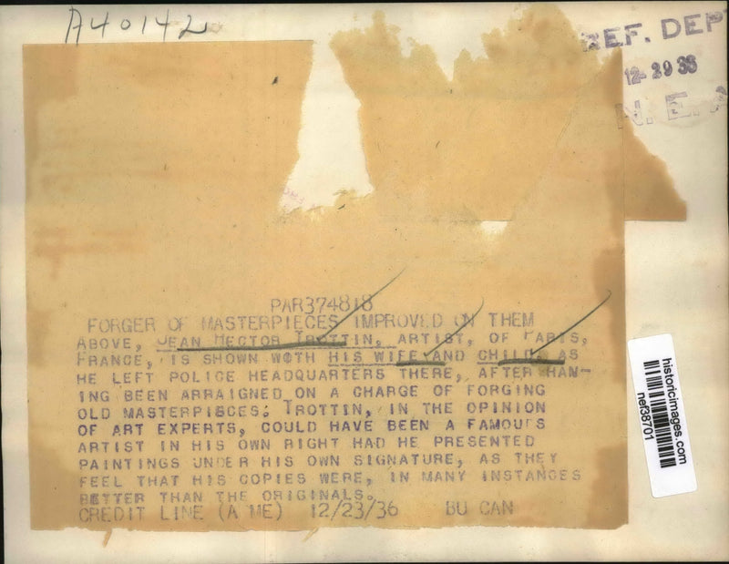 Load image into Gallery viewer, 1936 Press Photo Forger of Masterpieces Jean Hector Trottin Arrested for His Art

