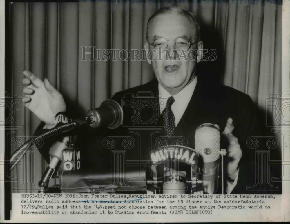1950 Press Photo John Foster Dulles Delivers Radio Address for American Assoc.