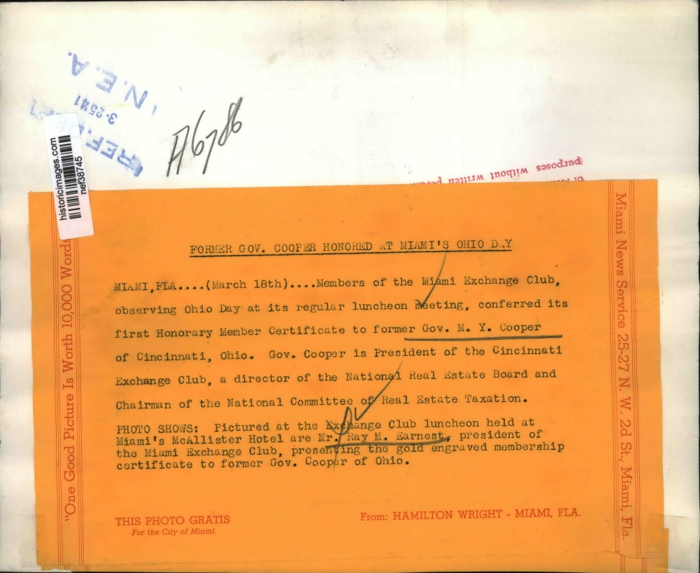1941 Press Photo Gov. M.Y. Cooper of Cincinnati honored at Miami Exchange Club
