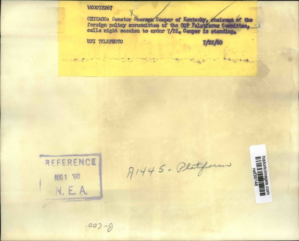 1960 Press Photo Sen.Sherman Cooper, Chairman of GOP Platform Committee