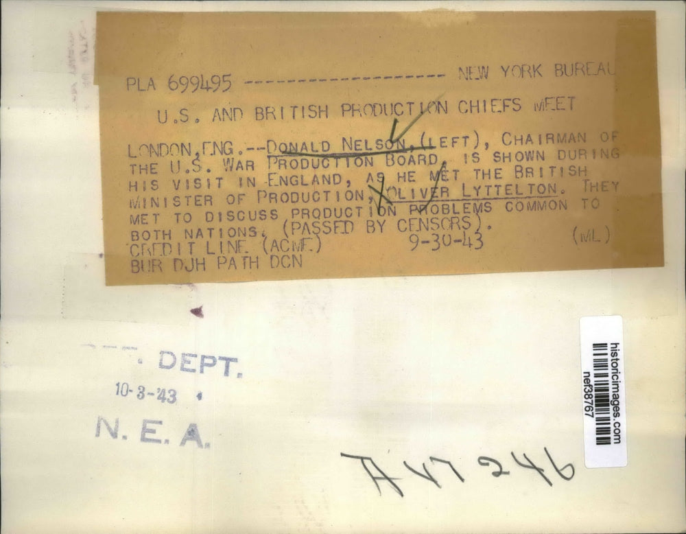 1943 Press Photo Donald Nelson,WPB Chief and Oliver Lyttelton British Minister