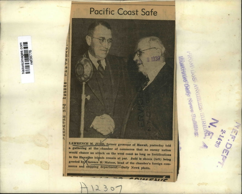 Load image into Gallery viewer, 1939 Press Photo Lawrence M Judd Former Gov of Hawaii &amp; Clarence Matson

