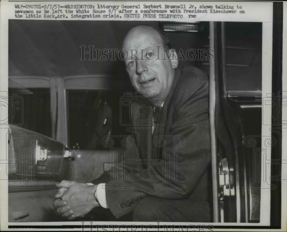 1957 Press Photo Herbert Brownell Jr. Attorney General leave the White House