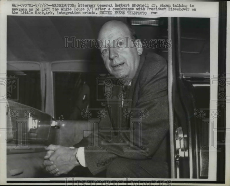 Load image into Gallery viewer, 1957 Press Photo Herbert Brownell Jr. Attorney General leave the White House
