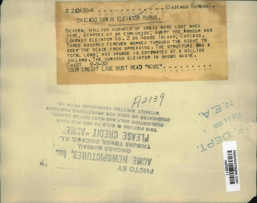 1933 Press Photo Fire destroyed the Armour and Company Elevator No.2 in Chicago