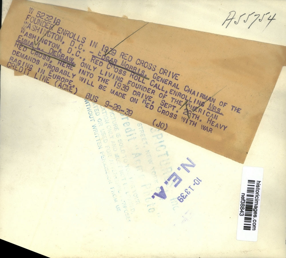 1939 Press Photo Edgar Morris & Emma L DeGraw Only Living Founders of Red Cross