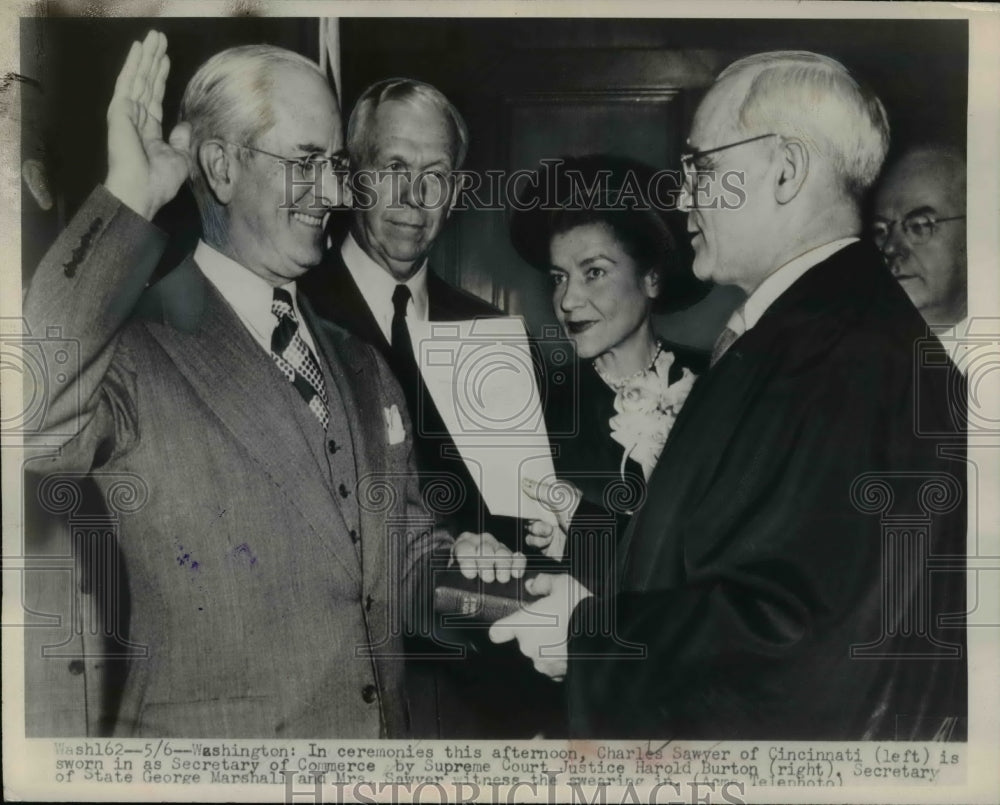 1948 Press Photo Charles Sawyer Sworn In by Harold Burton, Washington, D.C.