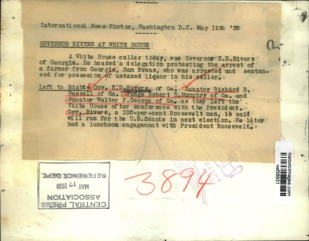 1938 Press Photo Georgia Governor E.D. Rivers at White House - nef38931