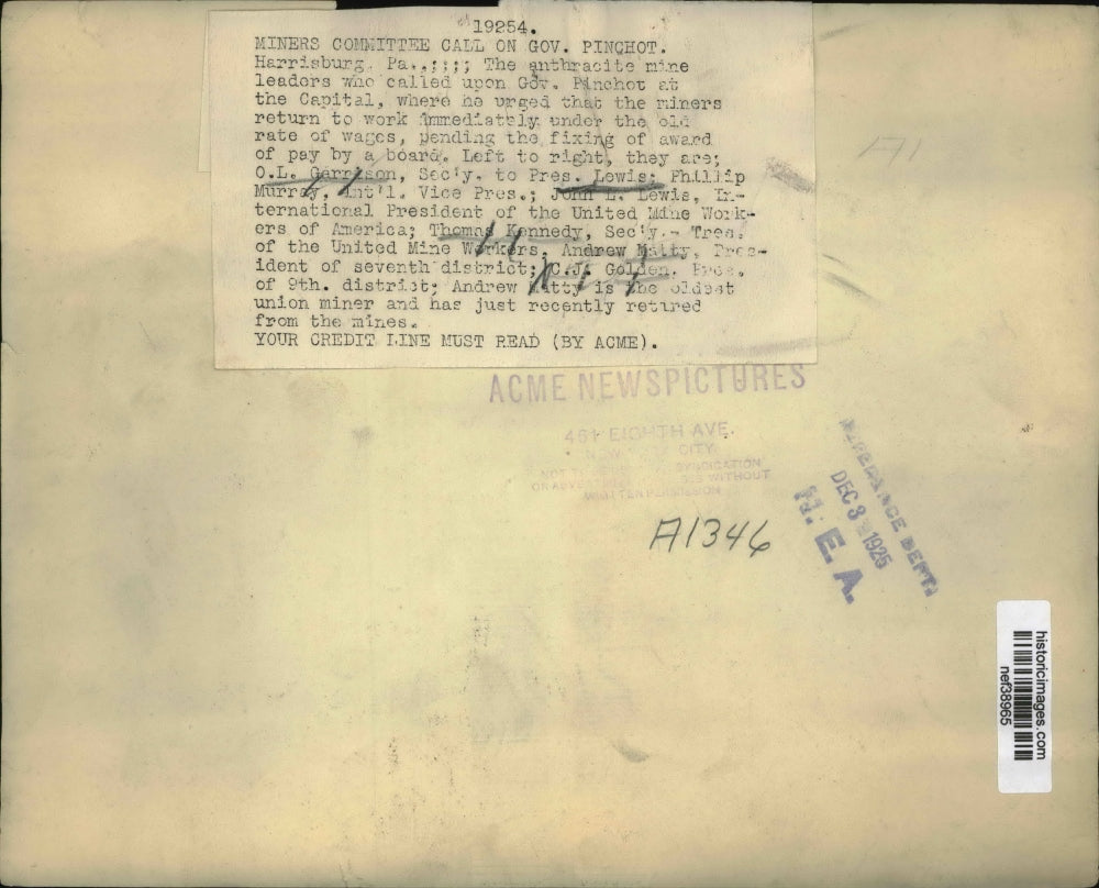 1925 Press Photo Anthracite Miners Committee at Pennsylvania Capital, Harrisburg