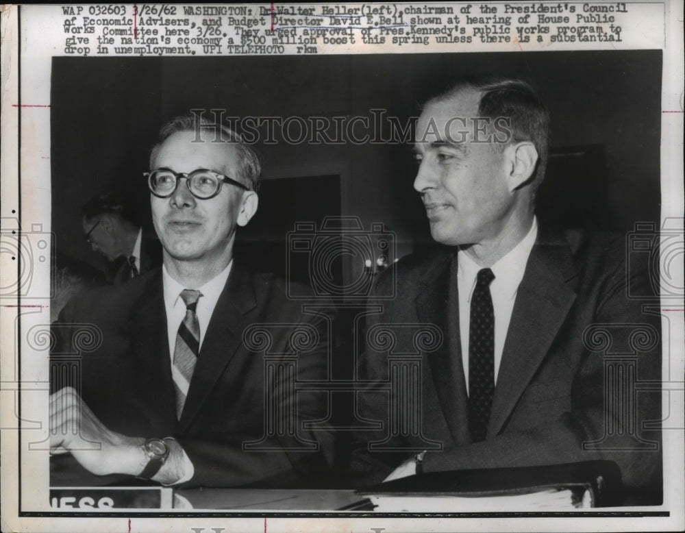 1962 Press Photo Dr. Walter Heller, David E. Bell at House Public Works Hearing
