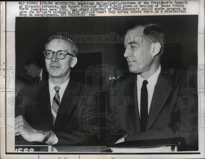 Load image into Gallery viewer, 1962 Press Photo Dr. Walter Heller, David E. Bell at House Public Works Hearing
