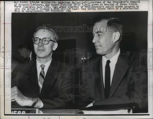 1962 Press Photo Dr. Walter Heller, David E. Bell at House Public Works Hearing