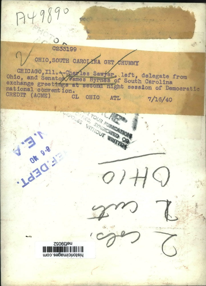 1940 Press Photo Charles Sawyer, James byrnes at Democratic National convention