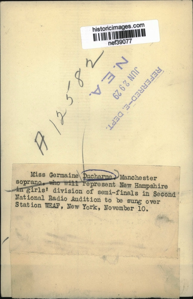 1929 Press Photo Germaine Ducharme, Singer WEAF Second National Radio Audition