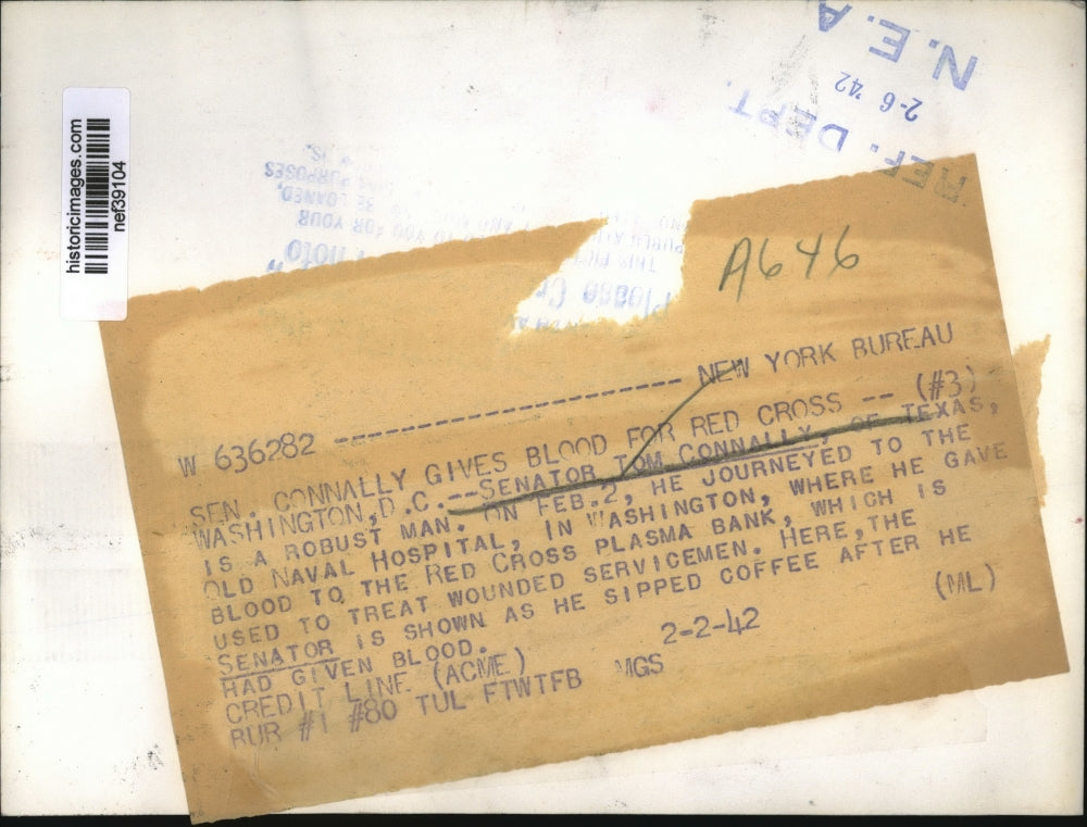 1942 Press Photo Tom Connally After Giving Blood at Red Cross, Washington, D.C.