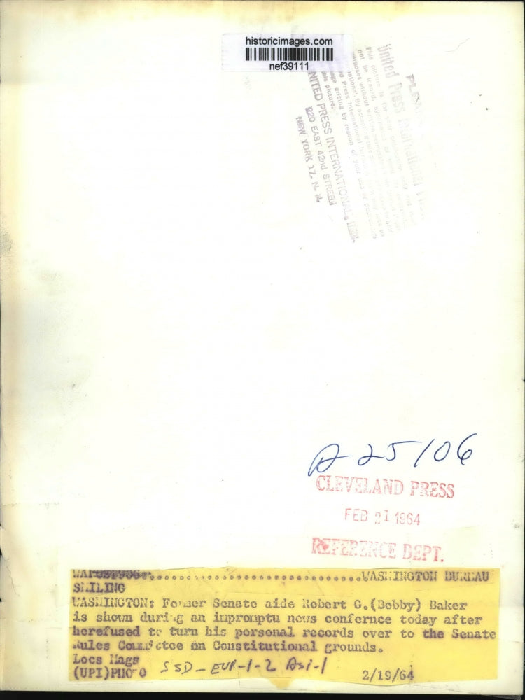 1964 Press Photo Robert G. "Bobby" Baker During News Conference, Washington