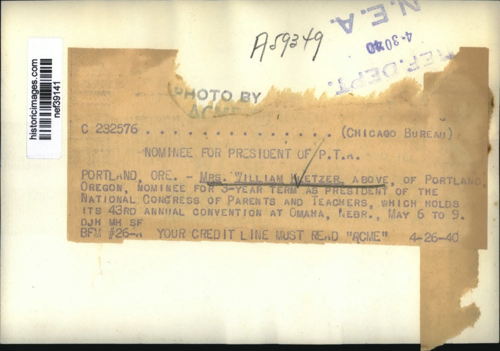 1940 Press Photo Mrs. William Kletzer of PTA - nef39141