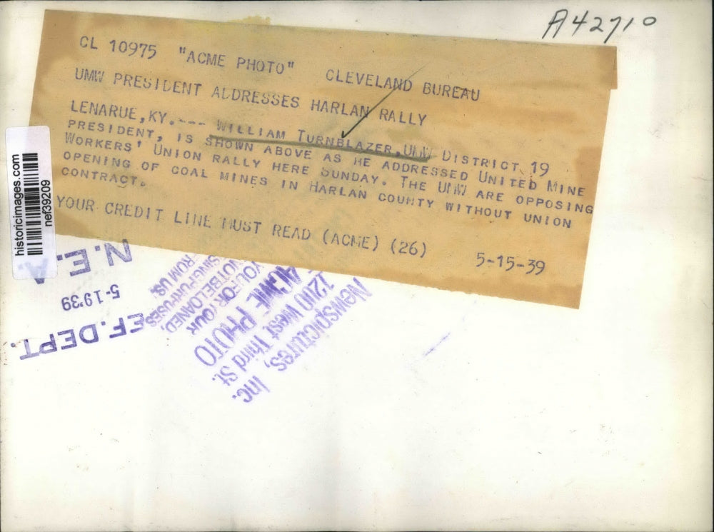 1939 Press Photo William Turnblazer, UMW Pres, Addresses Union Rally - nef39209