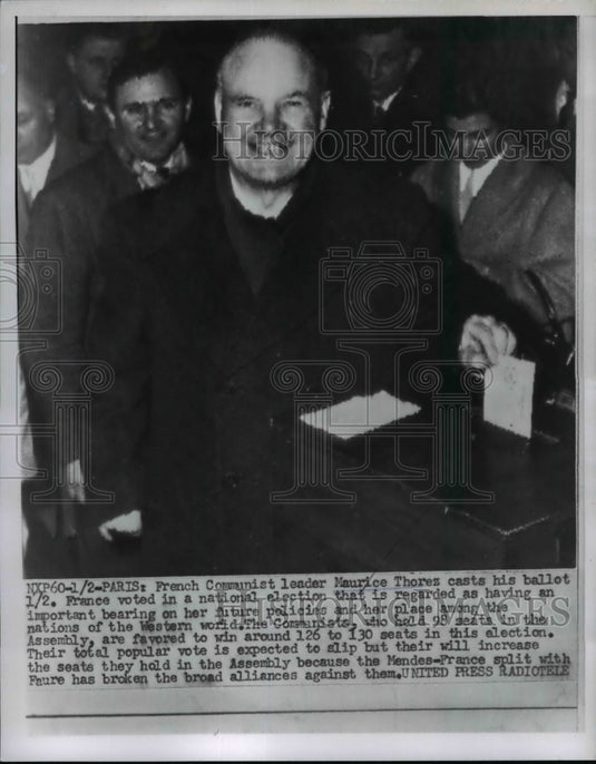 1956 Press Photo French Leader Maurice Thorez Casts Ballot in National Election