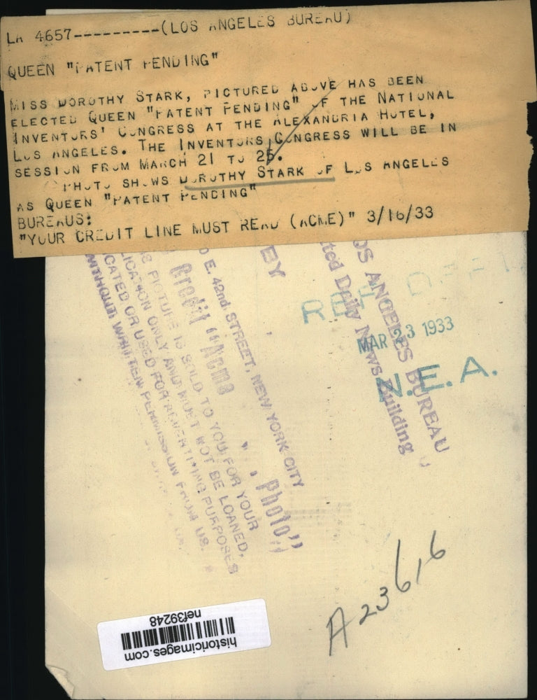 1933 Press Photo Dorothy Stark, Queen of National Inventors' Congress, L.A.