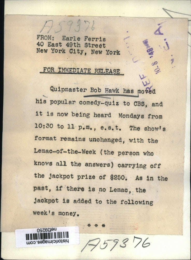 1948 Press Photo Bob Hawk on CBS Comedy Quiz Show - nef39250