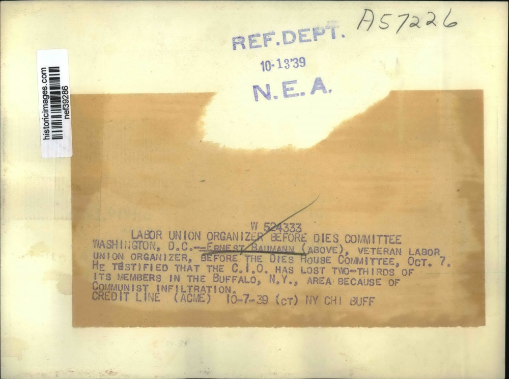 1939 Press Photo Union Organizer Ernest Baumann Testifies, Dies House Committee