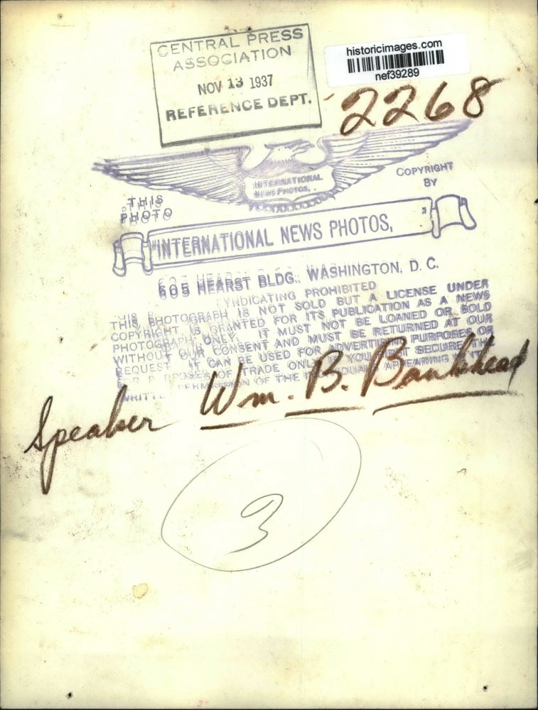 1937 Press Photo Speaker William B. Bankhead - nef39289