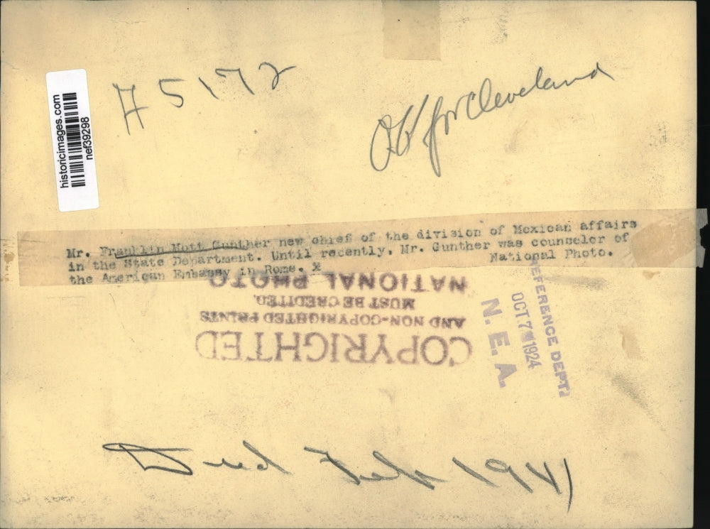 1924 Press Photo Franklin Gunther,chief of the Division of Mexican Affairs