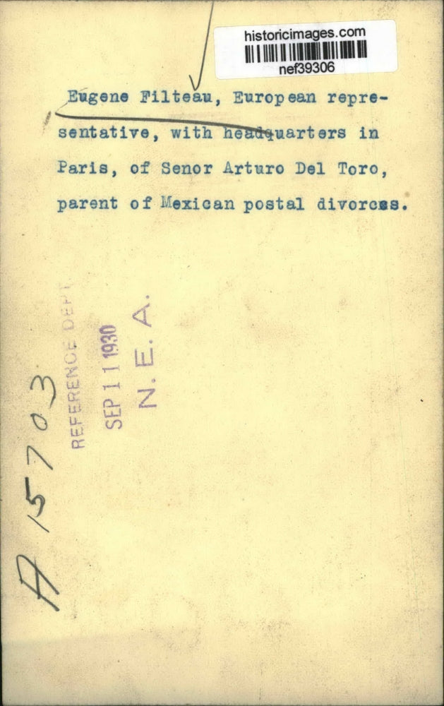 1930 Press Photo Eugene Filteau,European Representative of Senor Arturo Del Toro